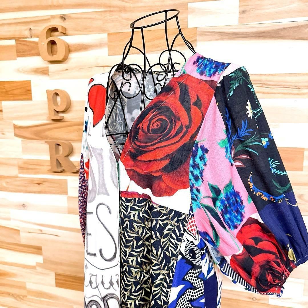 デシグアル パッチワーク 総柄 ロング シャツ ワンピース M カラフル×白