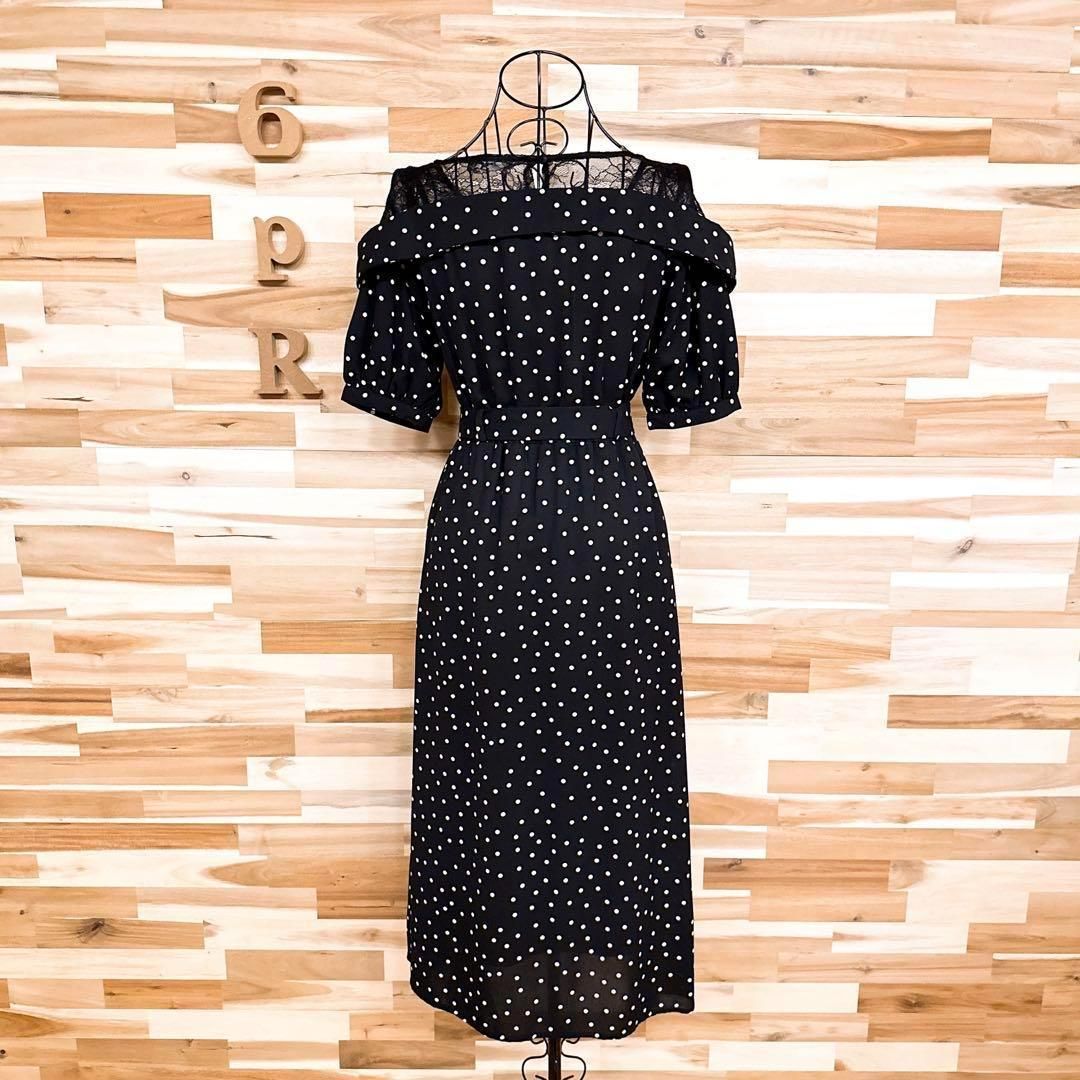 レディアゼル ドット柄 ショルダー レース 切り替え ロング ワンピースS 黒 半袖 その他