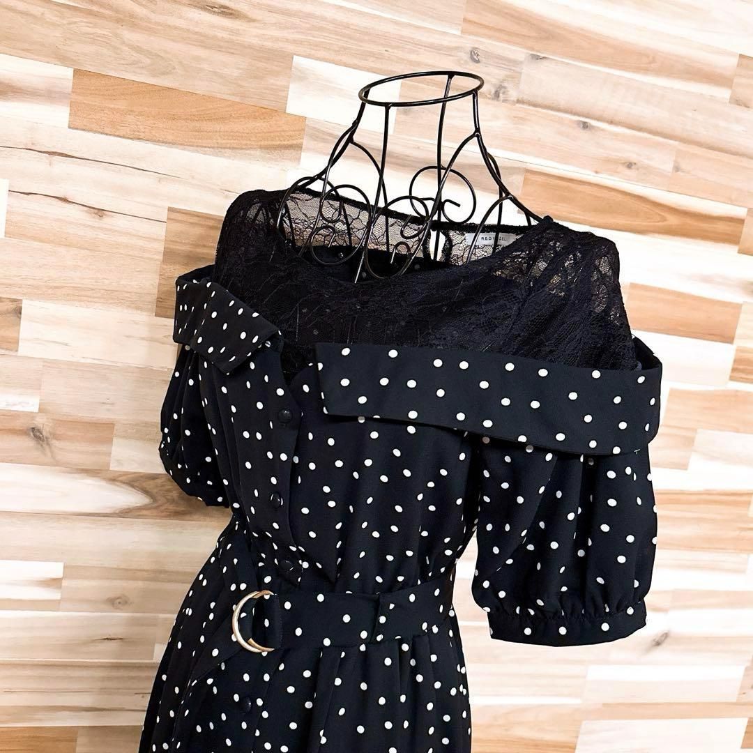 レディアゼル ドット柄 ショルダー レース 切り替え ロング ワンピースS 黒