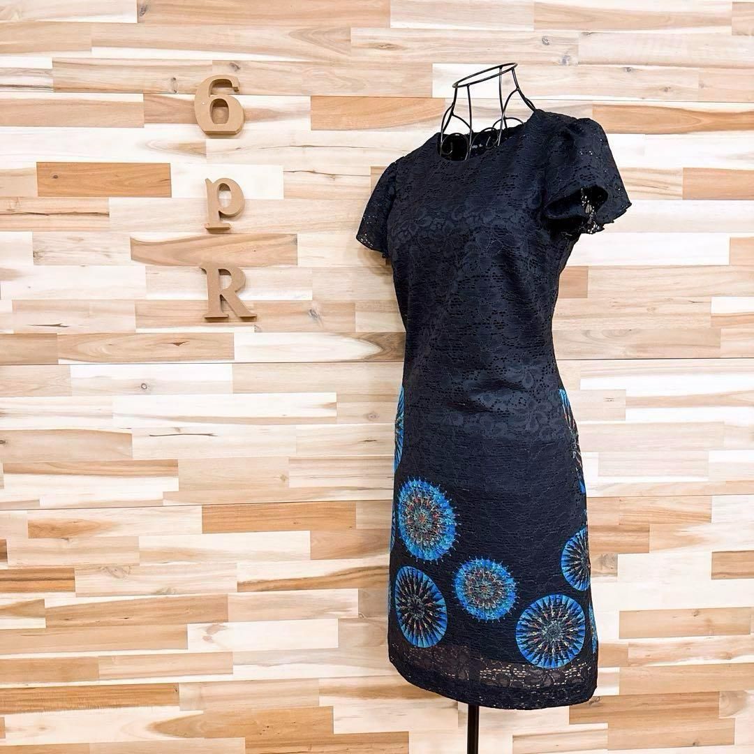 デシグアル クルーネック シアー 花柄フラワー 総レース ワンピース 黒×青