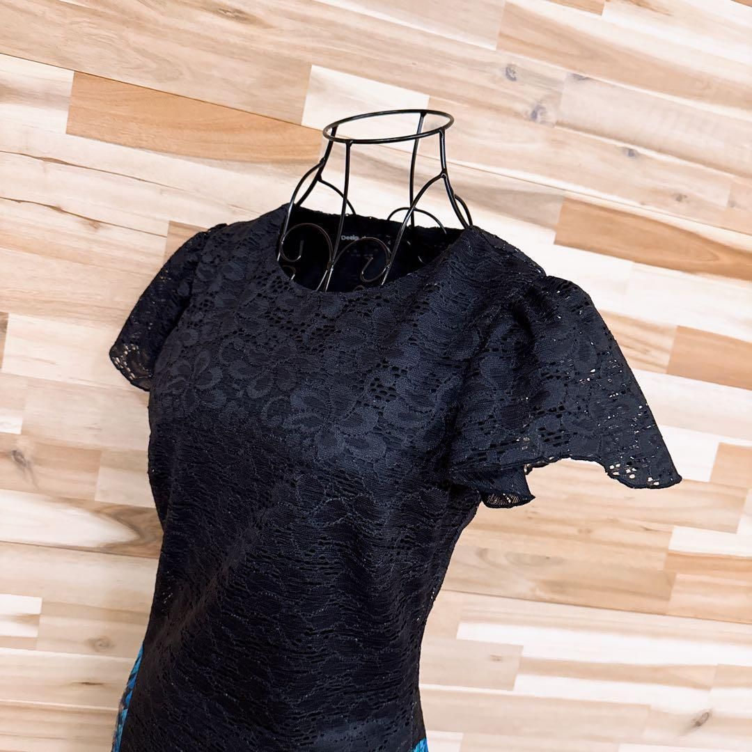デシグアル クルーネック シアー 花柄フラワー 総レース ワンピース 黒×青