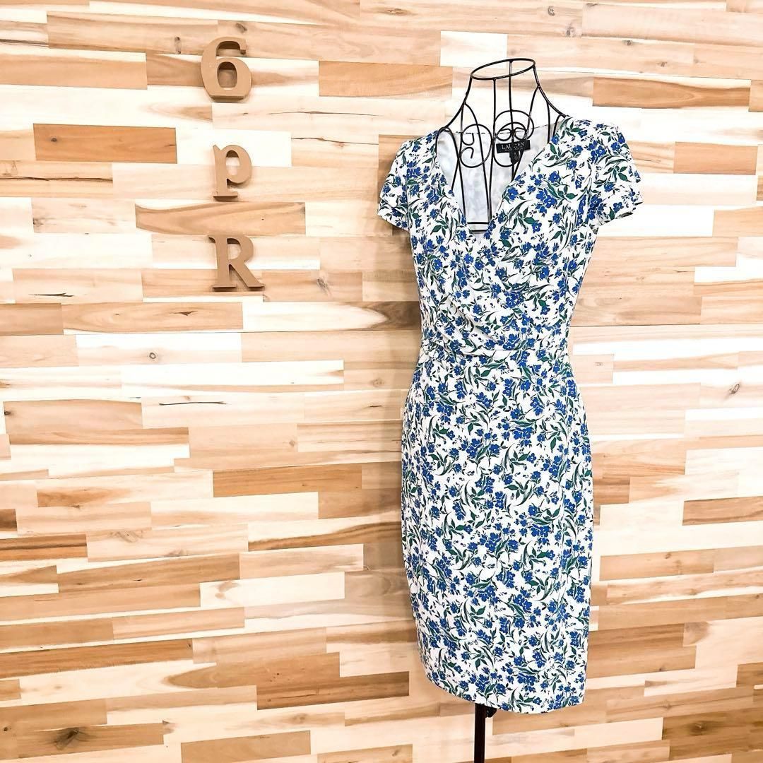 ローレンラルフローレン フラワー カシュクール ワンピース 花柄 総柄 青 緑