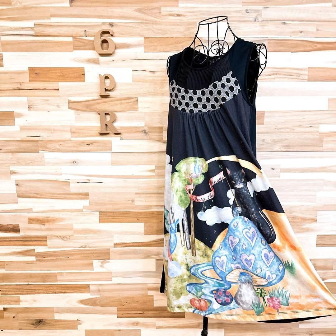 スカラー】黒猫 カラフル アート ノースリーブ ワンピース ネコ M 黒