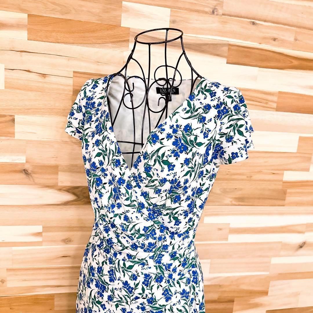 ローレンラルフローレン フラワー カシュクール ワンピース 花柄 総柄 青×緑