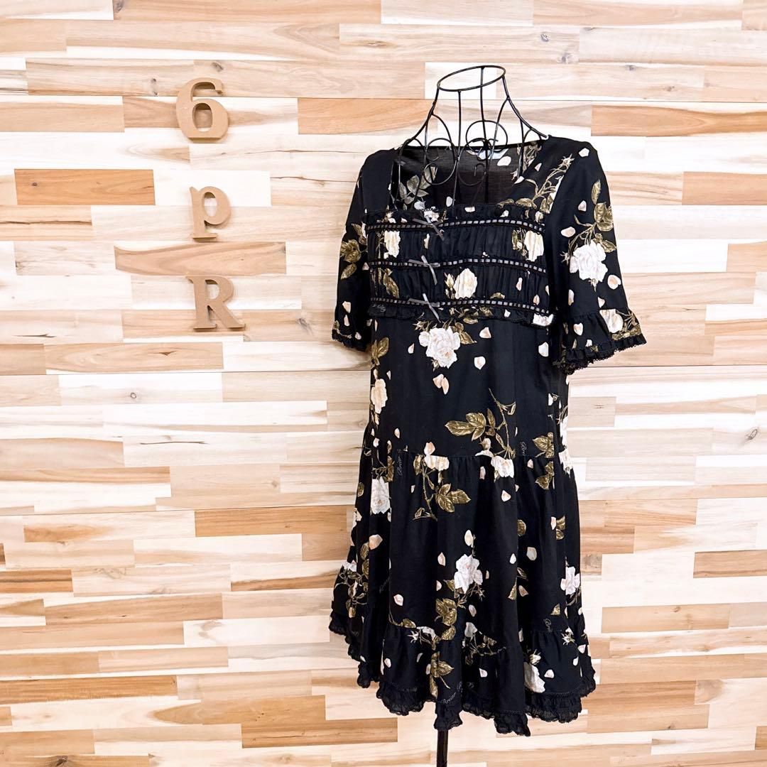 ピンクハウス 花柄 薔薇ローズ フリル リボン ティアード ワンピース 黒