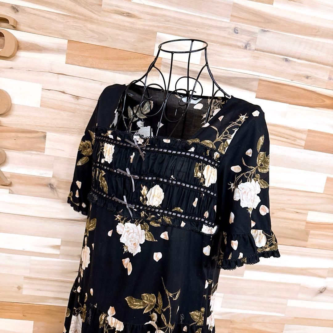 ピンクハウス 花柄 薔薇ローズ フリル リボン ティアード ワンピース 黒
