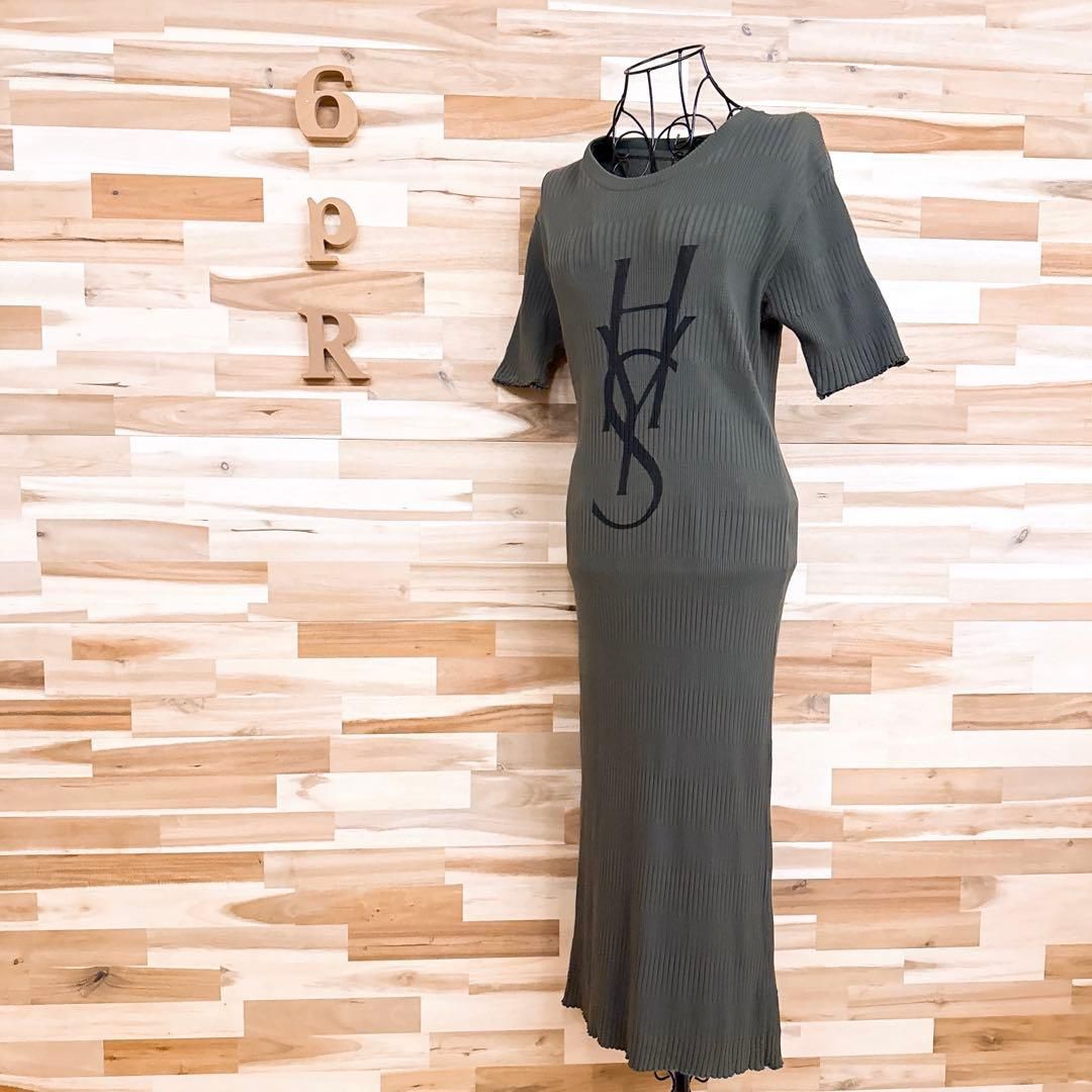 ヒステリックグラマー リブ タイト ロング ワンピース HSロゴ カーキ×黒