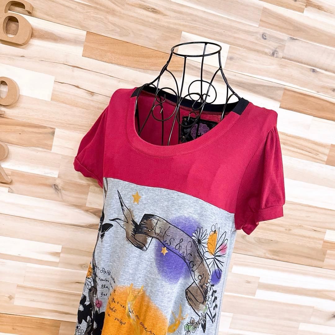 ス 箔プリント ワンピース アニマル 鹿シカ 花柄 M 赤×グレー