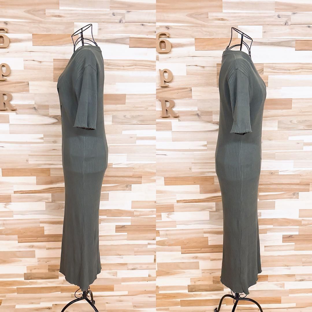  ヒステリックグラマー リブ タイト ロング ワンピース HSロゴ カーキ×黒 半袖 カットソーワンピース