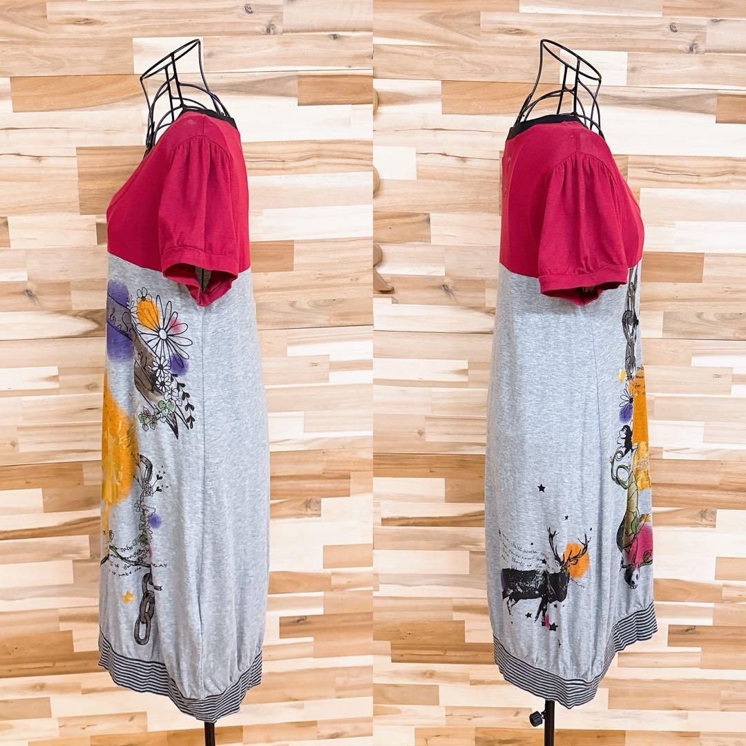  ス 箔プリント ワンピース アニマル 鹿シカ 花柄 M 赤×グレー 半袖 ひざ丈ワンピース