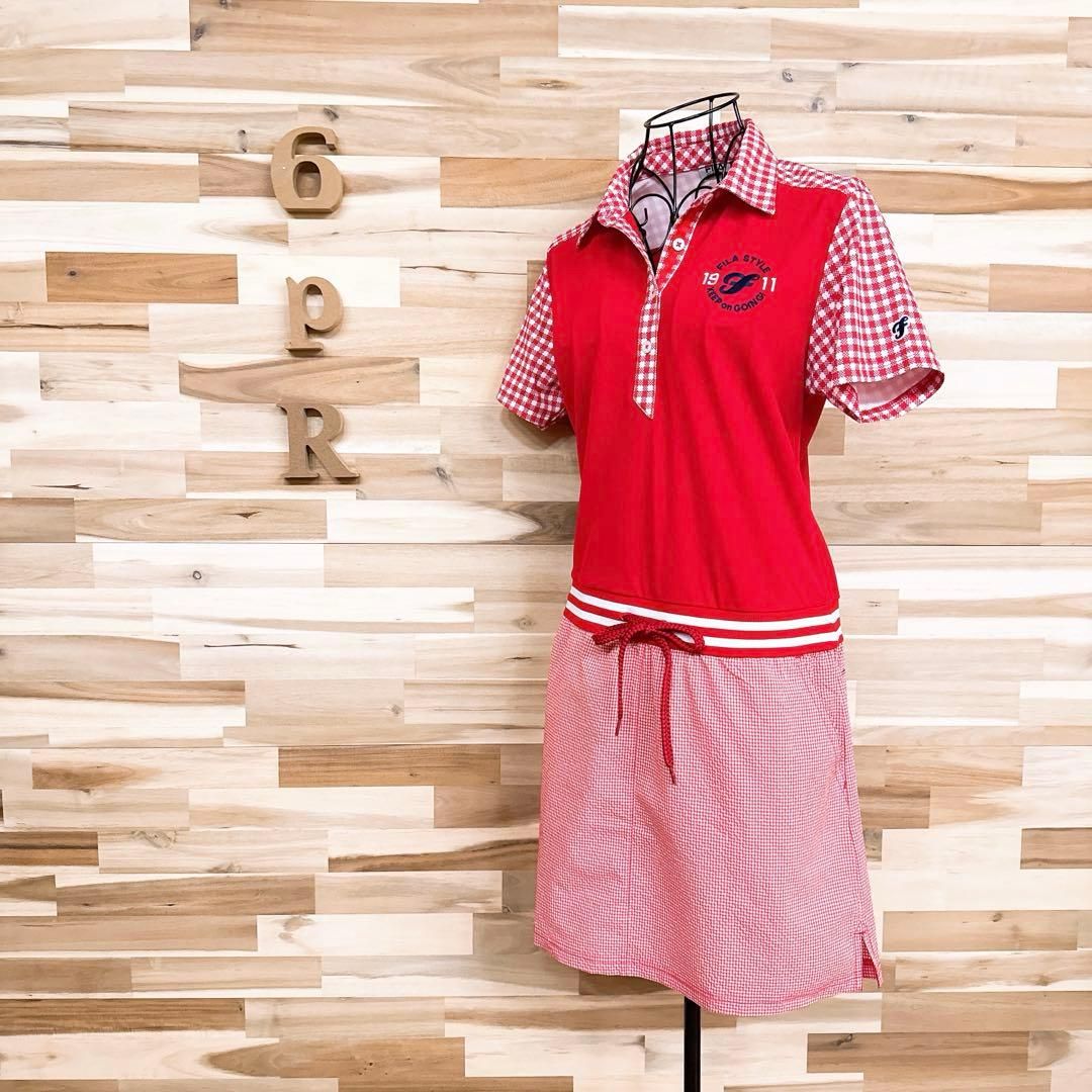 フィラゴルフ ゴルフ レトロ チェック柄 異素材 切り替え ワンピースL赤×白