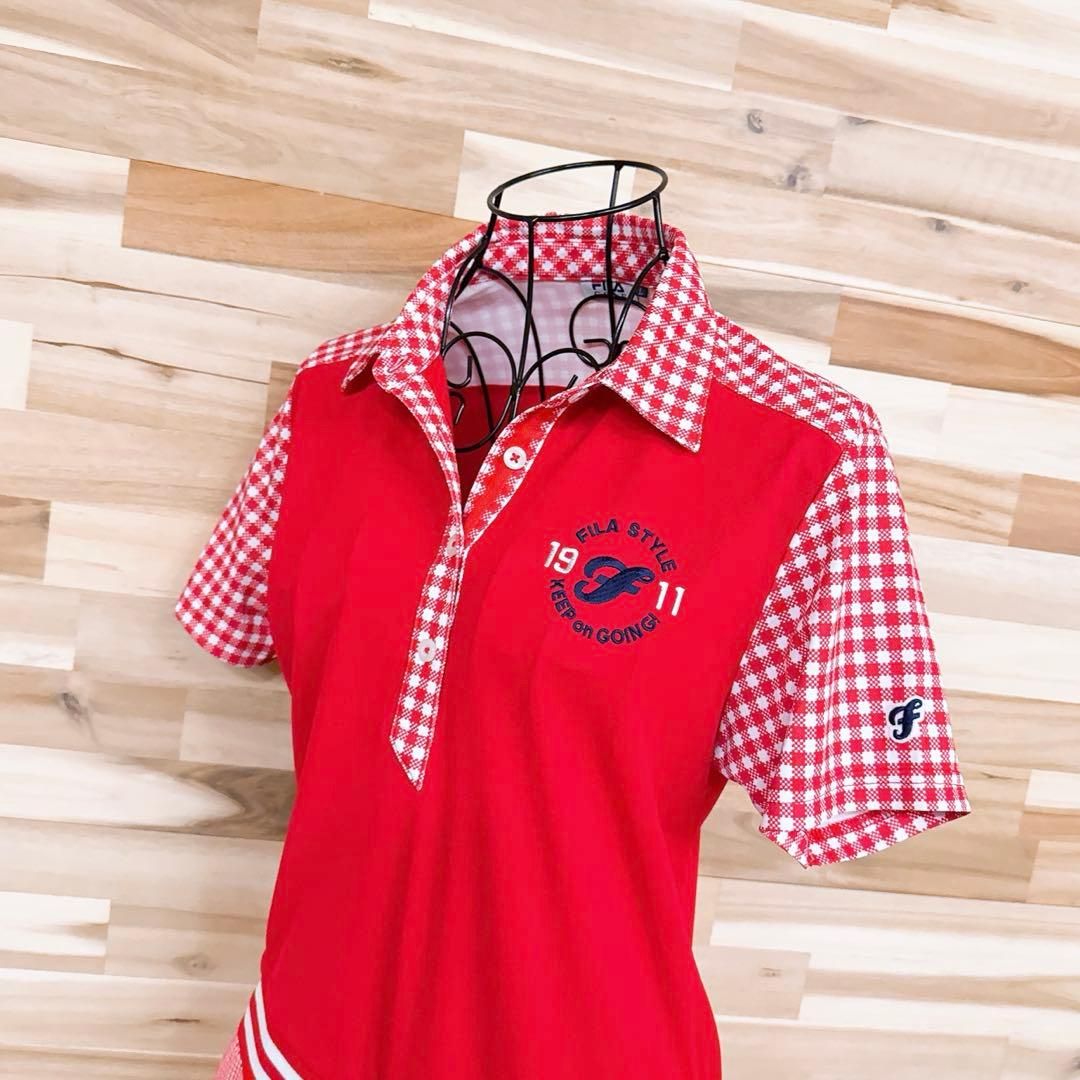 フィラゴルフ ゴルフ レトロ チェック柄 異素材 切り替え ワンピースL赤×白