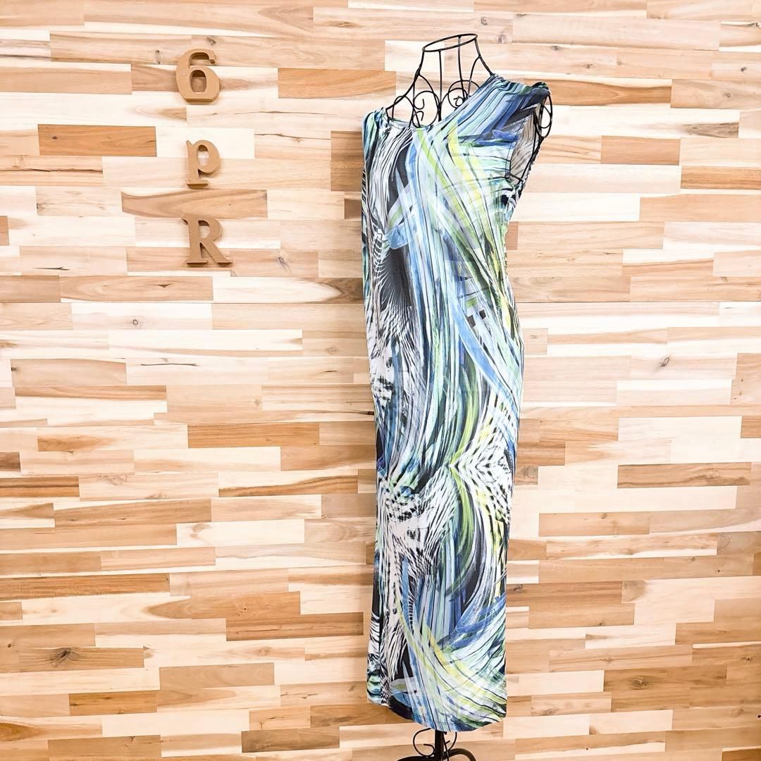 エスカーダ アシンメトリー アート ノースリーブ ロング ワンピース 青×白