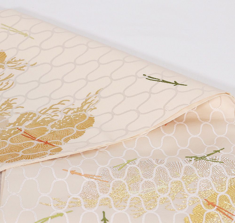  織匠やまぐち謹製 山口弘躬染織 礼装用 西陣織袋帯 正絹 網干松頼錦文 クリーム 金箔 松 松葉 網目模様 Mサイズ F 8460 み 袋帯 帯