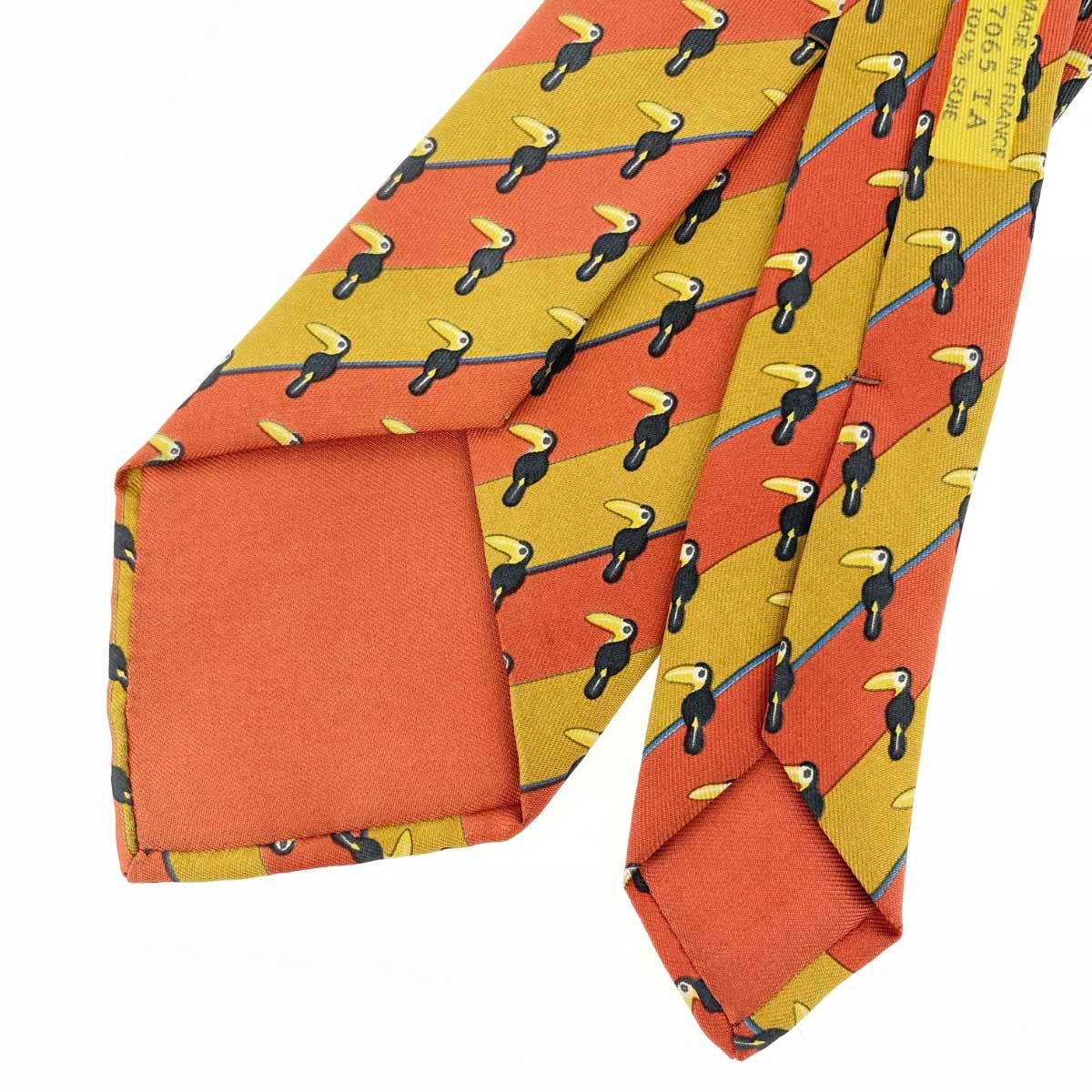 HERMES エルメス ネクタイ アニマル柄/鳥/ シルク100％ オレンジ