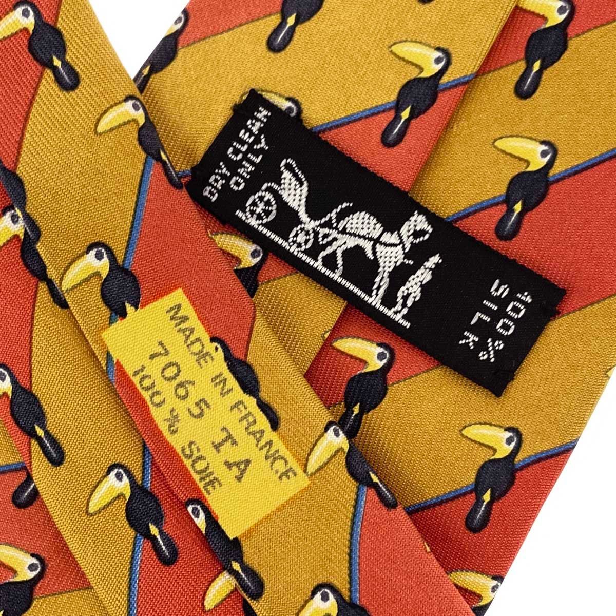 HERMES エルメス ネクタイ アニマル柄/鳥/ シルク100％ オレンジ