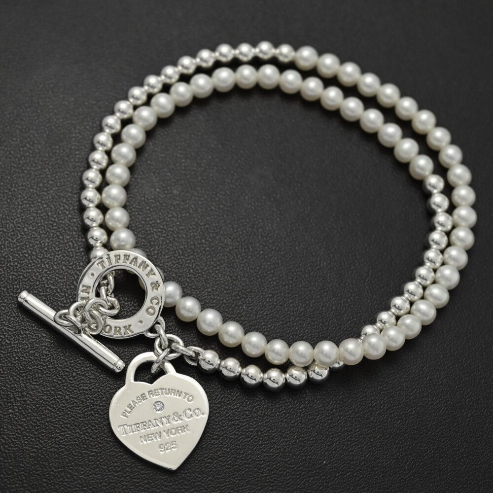 TIFFANY ＆ Co.ティファニー リターントゥハート･白蝶真珠 シロチョウ サウスシーパール ダイヤモンドブレスレット Sv 925-15.6 g ♀ S レディース 595652