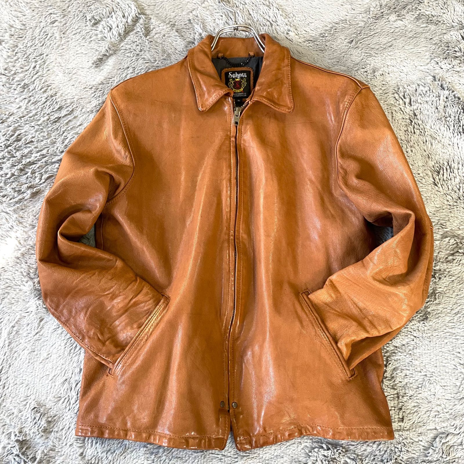 Schott ショット ゴートレザー ライダースジャケット 星条旗 USA 裏地 山羊革 XL ブラウン
