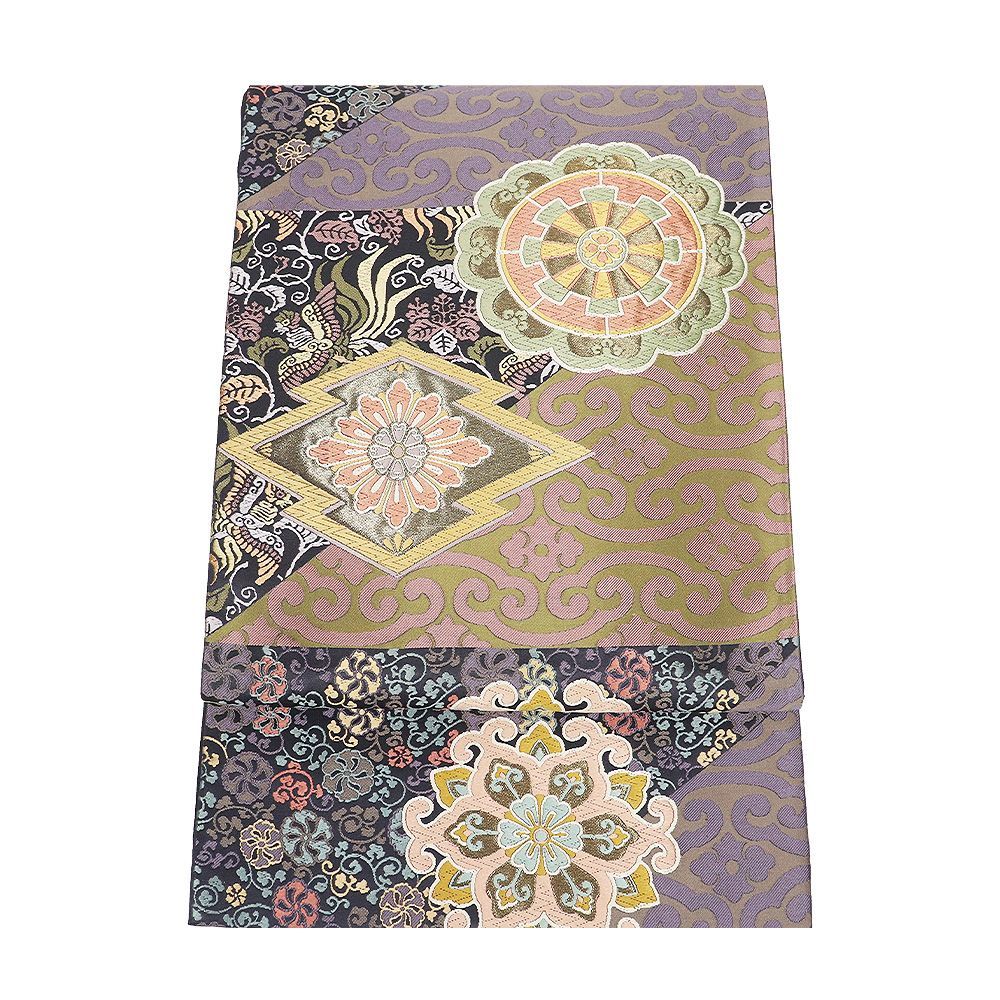 礼装用 袋帯 正絹 グレー 紫 黄 緑 金 裂取文 花喰鳥 華文 唐花 車輪 Lサイズ F 8468 レディース ギフト フォーマル み