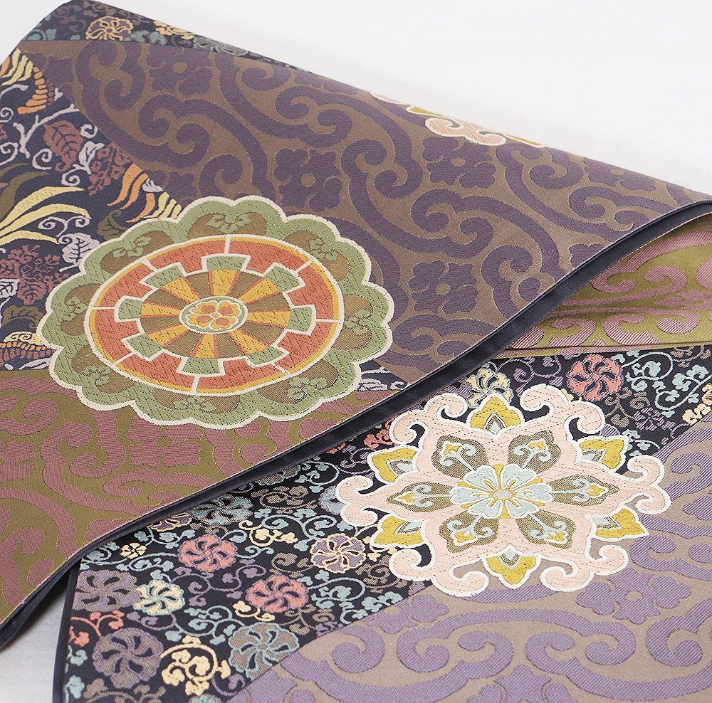  礼装用 袋帯 正絹 グレー 紫 黄 緑 金 裂取文 花喰鳥 華文 唐花 車輪 Lサイズ F 8468 レディース ギフト フォーマル み 袋帯 帯