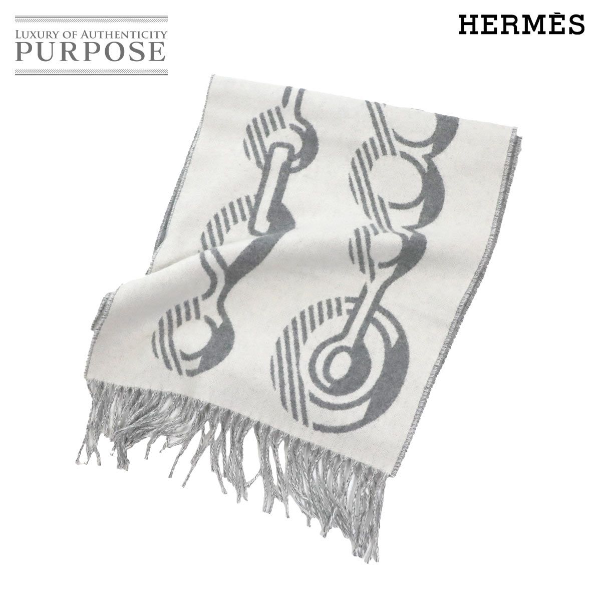 エルメス HERMES ドレ バックル マフラー カシミヤ ホワイト グレー Winter Scarf 90300352