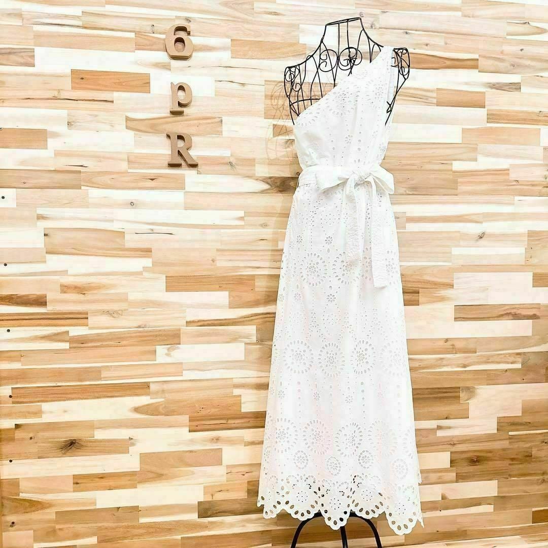  ザラ 花柄 ロング マキシ ワンピース ワンショルダー L 白 ノースリーブ カットソーワンピース