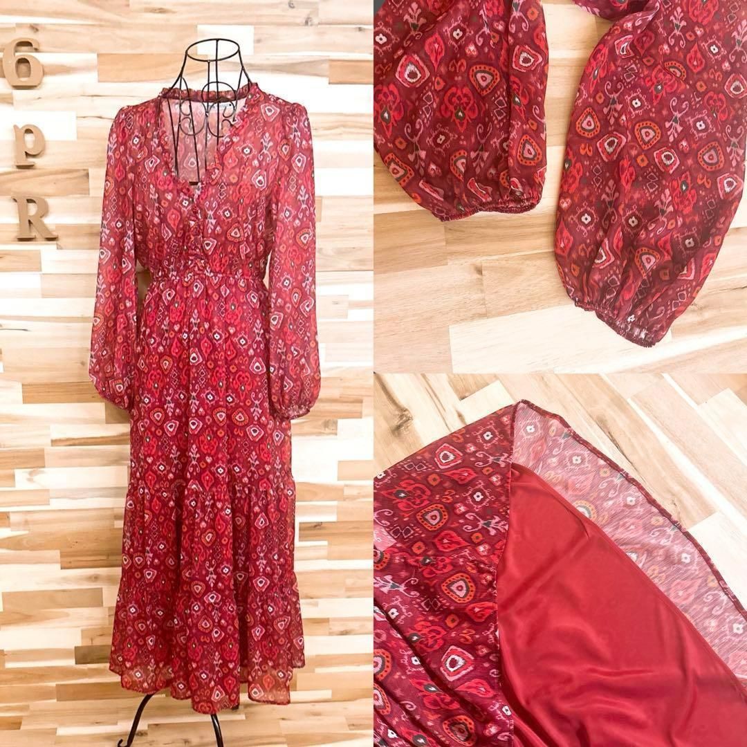 ザラ 透け感 シフォン ロング ワンピース エスニック 総柄 XS 赤×ピンク 長袖 七分袖 その他 ロングワンピース