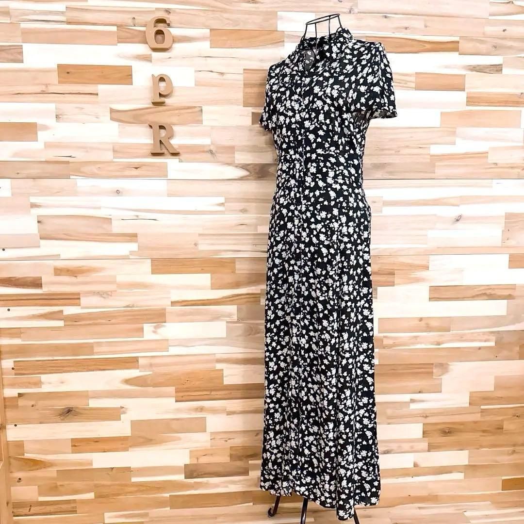 ザラ レーヨン モノトーン フラワー ロング シャツ ワンピース M 黒×白