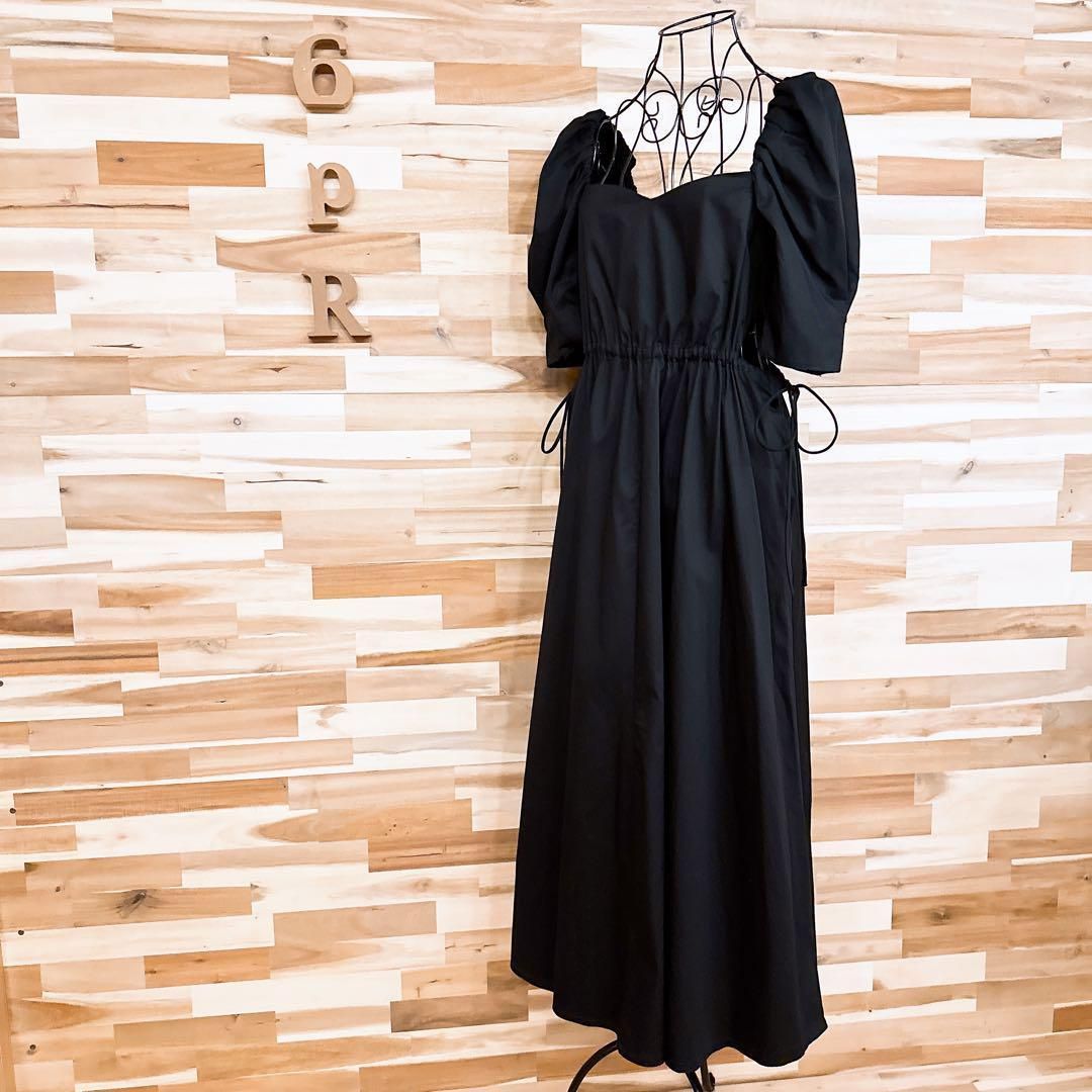 ザラ パフスリーブ カットアウト ロング ワンピース シャーリング S 黒