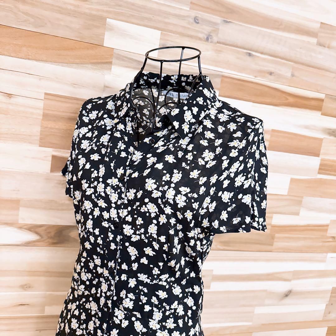 ザラ レーヨン モノトーン フラワー ロング シャツ ワンピース M 黒×白