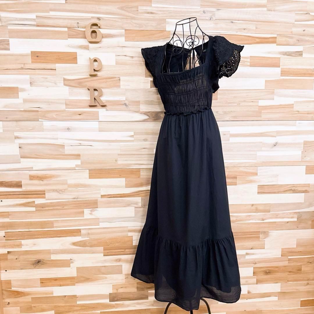 稀少 ザラ フラワー レース スリーブ ティアード ロング ワンピース S 黒