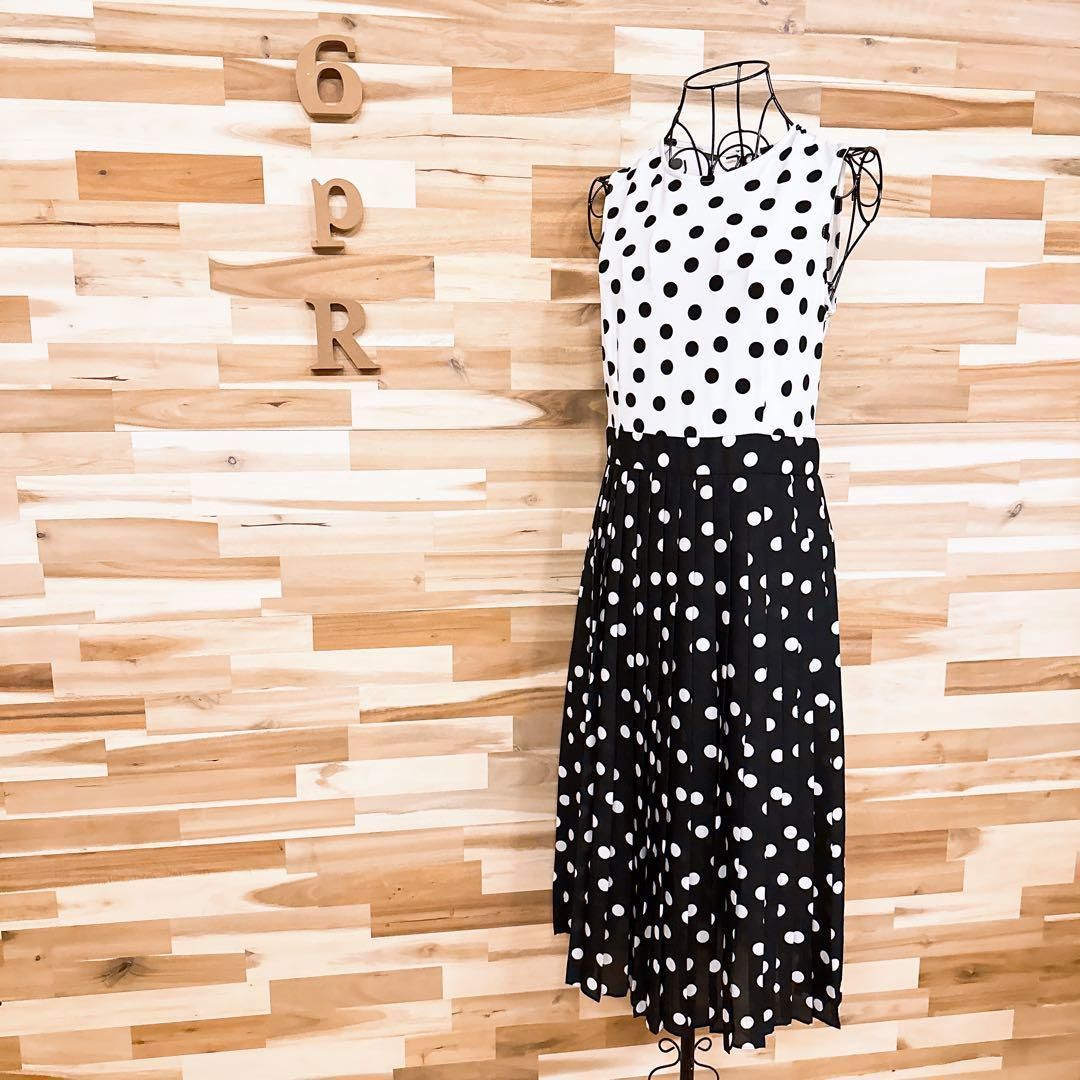ザラ クルーネック ドット ノースリーブ ロング ワンピース プリーツM白×黒