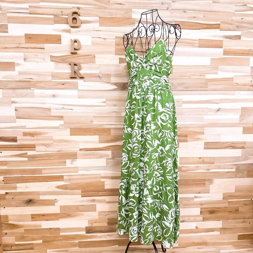 ザラ リネン フラワー カットアウト ロング キャミ ワンピース 花柄 M 緑