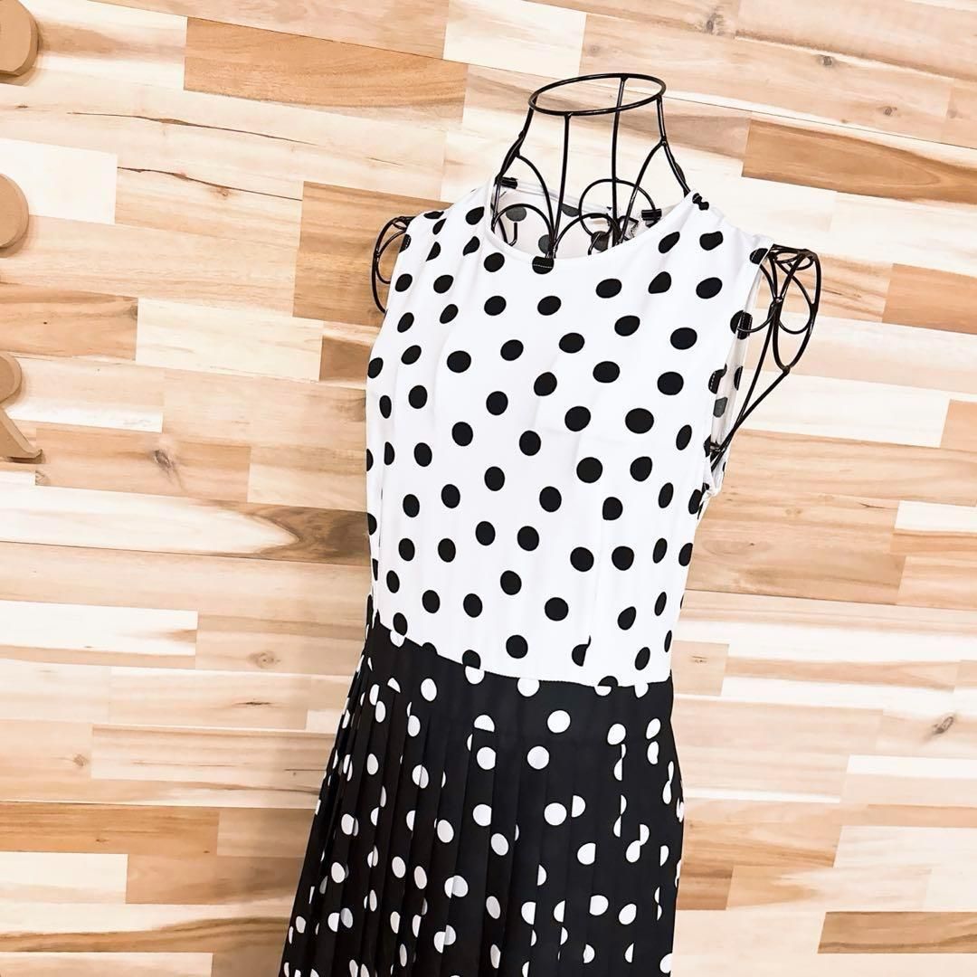 ザラ クルーネック ドット ノースリーブ ロング ワンピース プリーツM白×黒