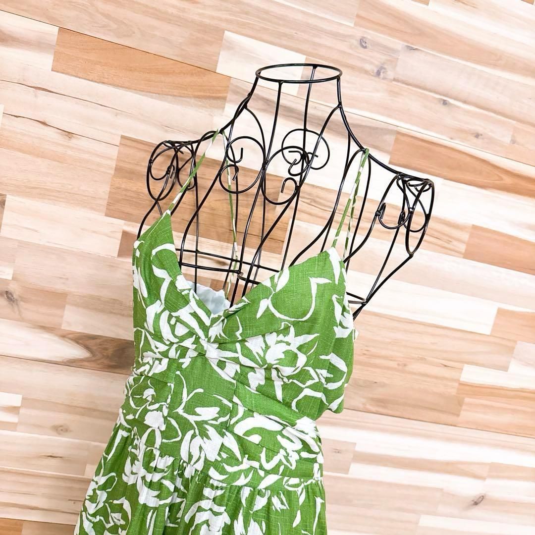 ザラ リネン フラワー カットアウト ロング キャミ ワンピース 花柄 M 緑