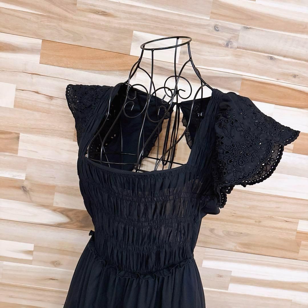 ザラ フラワー レース スリーブ ティアード ロング ワンピース S 黒