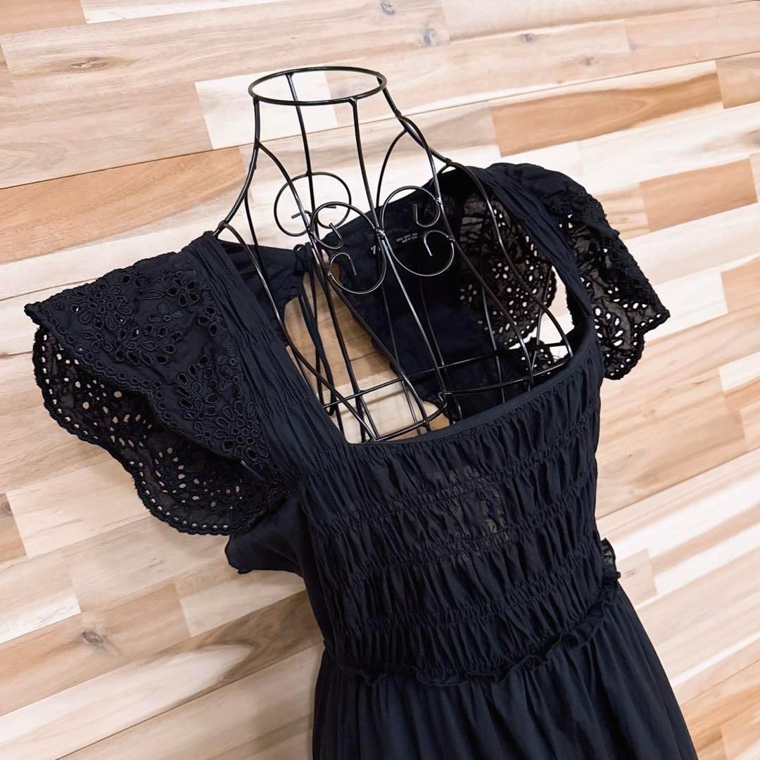  ザラ フラワー レース スリーブ ティアード ロング ワンピース S 黒 半袖 カットソーワンピース