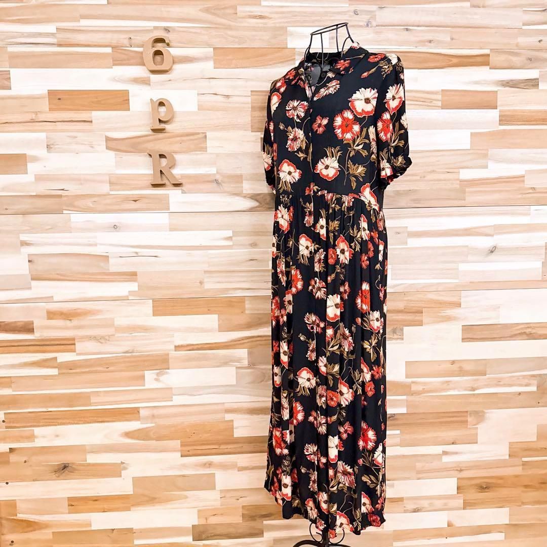 ザラ レーヨン100% フラワー 花柄 ロング シャツ ワンピース S 黒×赤