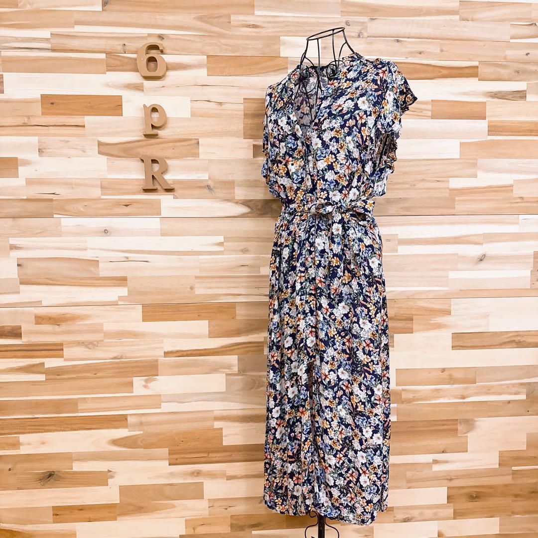 ザラ Vネック 花柄 ノースリーブ ロング シャツ ワンピース S 紺×緑