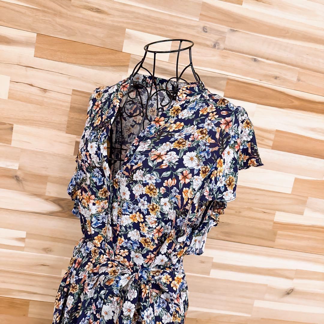 ザラ Vネック 花柄 ノースリーブ ロング シャツ ワンピース S 紺×緑