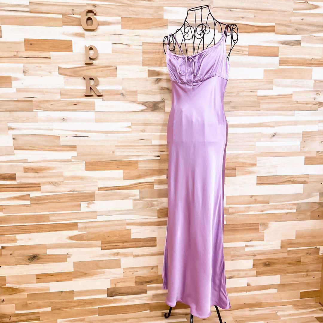 ザラ 光沢サテン ロング キャミソール ワンピース ネグリジェ S 紫パープル