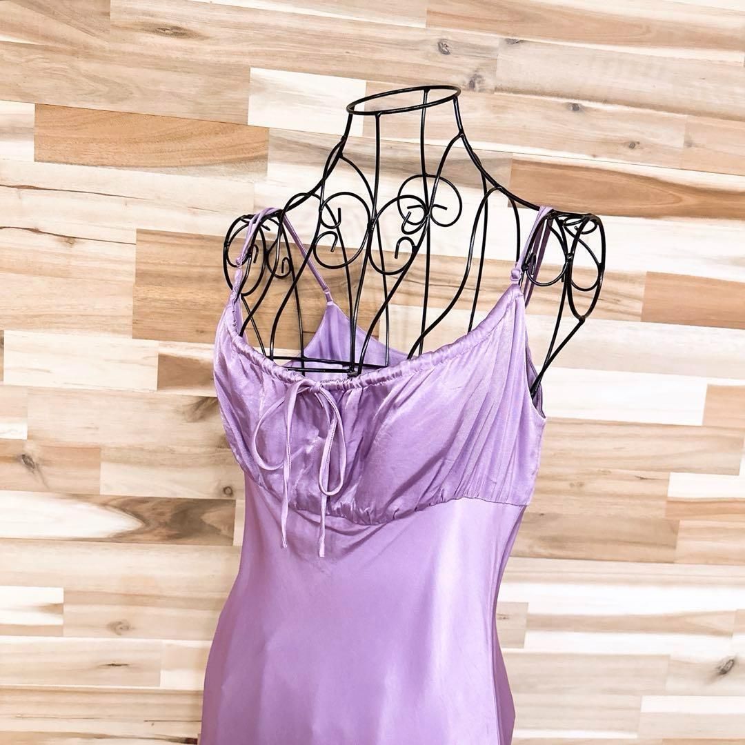 ザラ 光沢サテン ロング キャミソール ワンピース ネグリジェ S 紫パープル