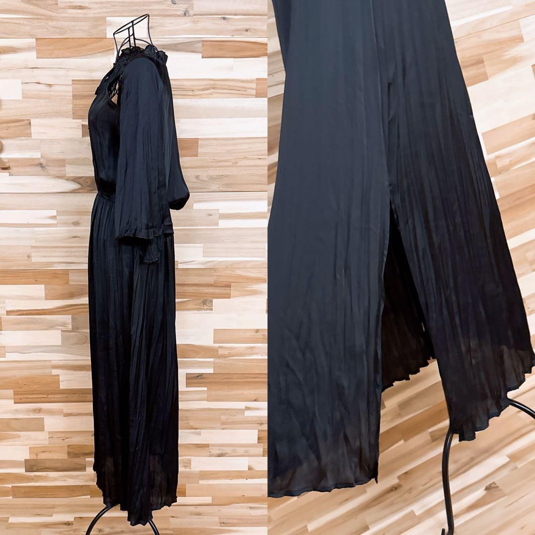 ザラ】オープンショルダー サテン ロング ワンピース プリーツ M 黒
