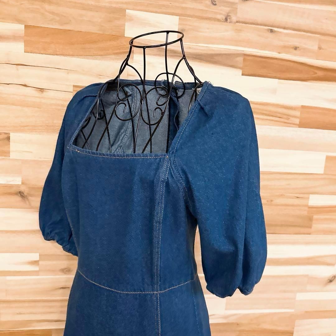 ザラ スクエアネック ロング デニム ワンピース 半袖 S インディゴ×紺