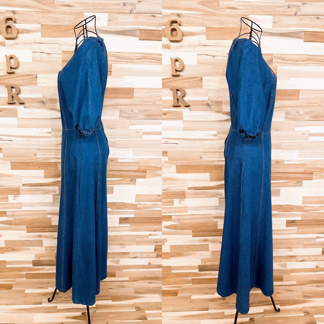  ザラ スクエアネック ロング デニム ワンピース 半袖 S インディゴ×紺 半袖 カットソーワンピース