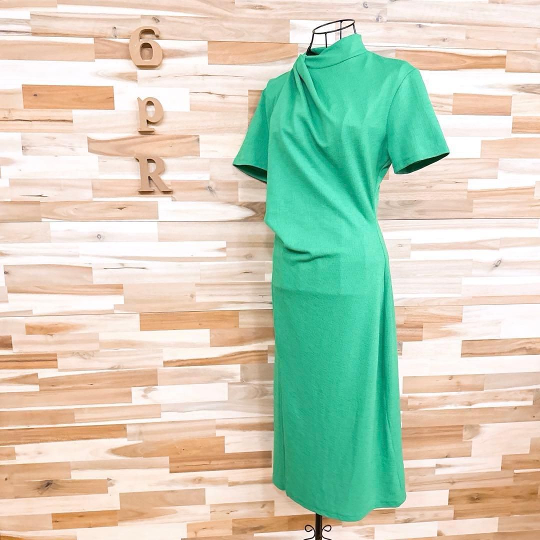 ザラ ドレープ ディティール ロング ワンピース 半袖スリット M 緑グリーン