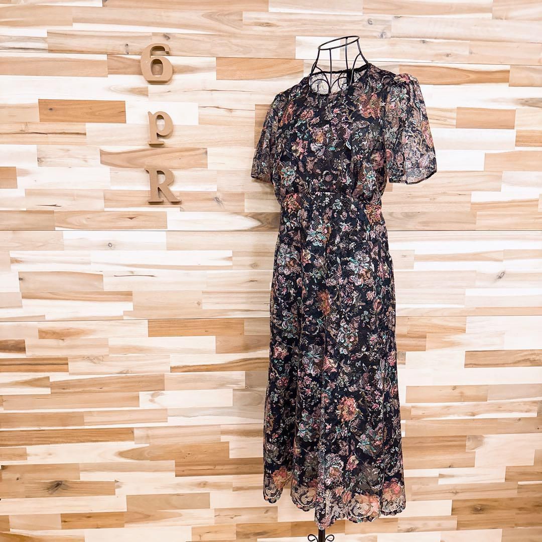 ザラ フローラル 総レース ワンピース 花フラワー 花柄 透け感 M黒カラフル