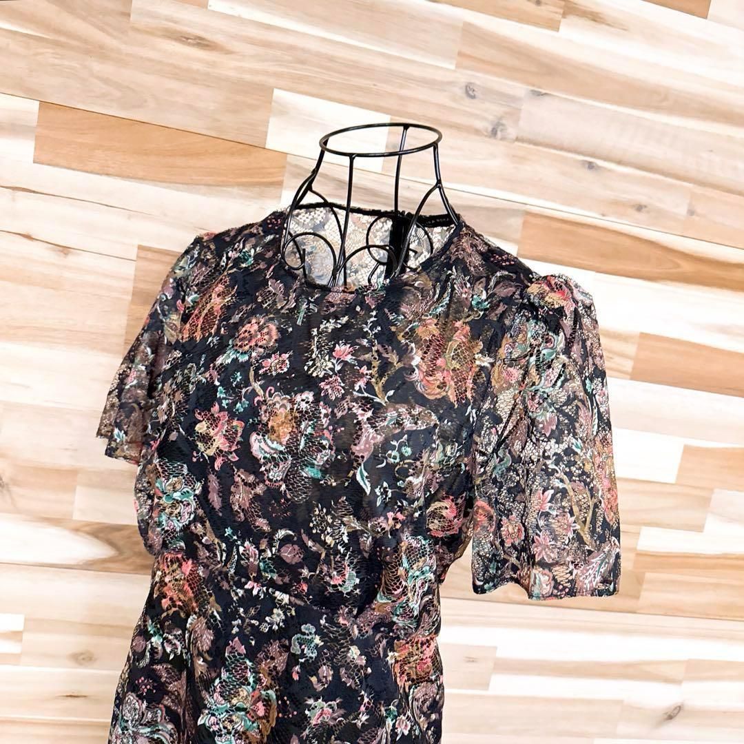 ザラ フローラル 総レース ワンピース 花フラワー 花柄 透け感 M黒カラフル