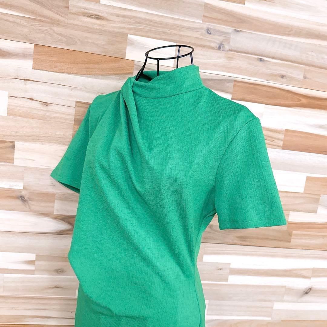 ザラ ドレープ ディティール ロング ワンピース 半袖スリット M 緑グリーン