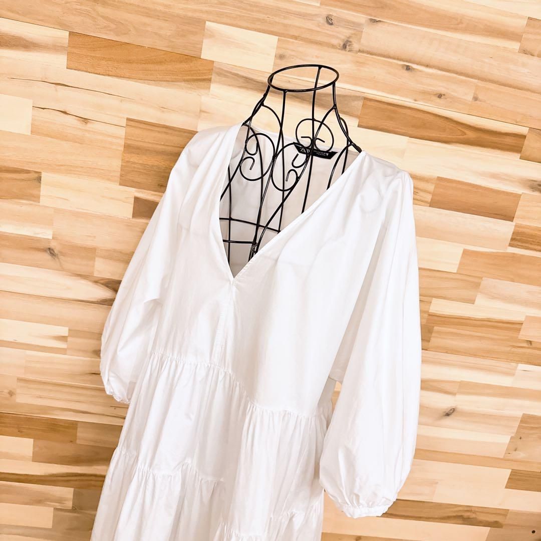 ザラ ボリューム コットン Vネック ティアード ロング ワンピース S 白